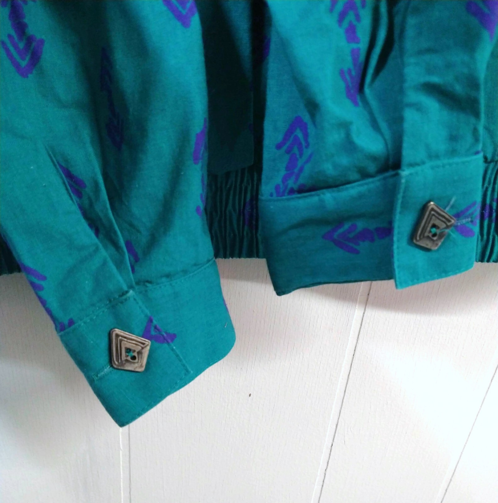VTG Bonnie Boynton Wm S Jacket Green/Blue Southwest Theme 2 Pockets Short Lapel