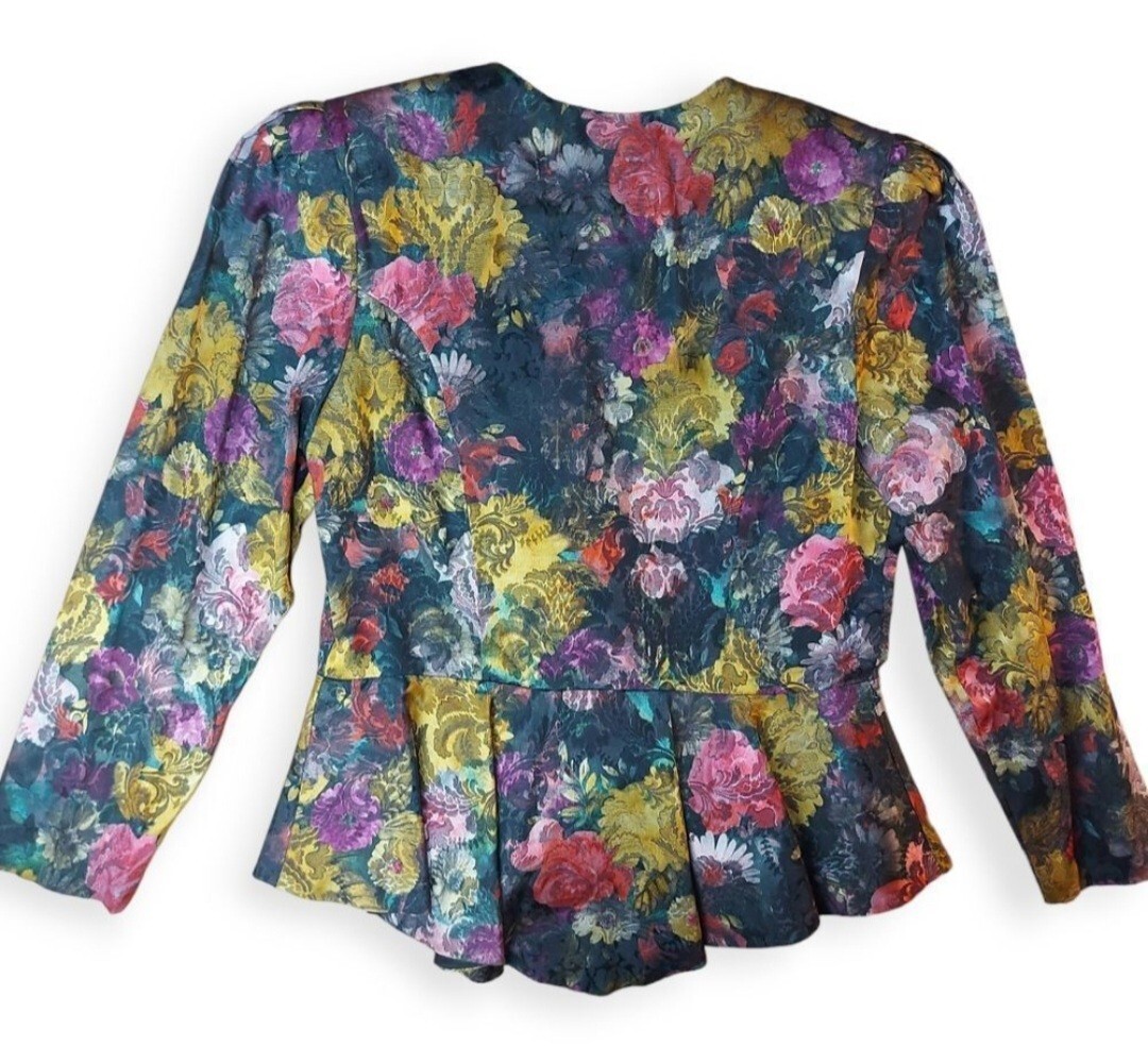 Vintage Nu-Mode 80s Floral Fitted Shoulder Pad Pleated Jacket