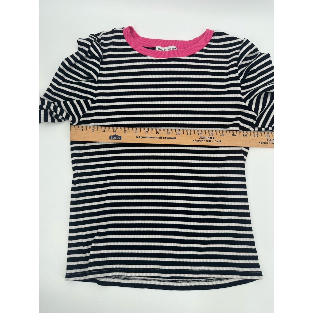 Rebecca Minkoff Ribbed Striped Puff Sleeve Top Large Black White Pink Cotton Str