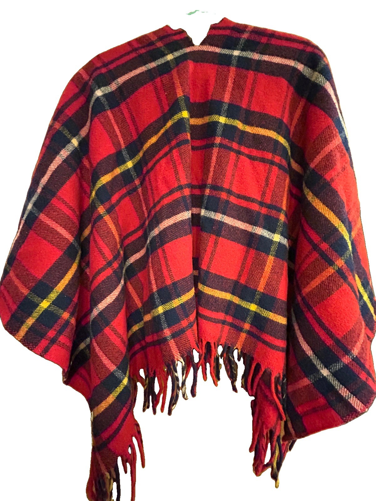 Vintage Saks Fifth Avenue Red Navy Yellow Wool Tartan Plaid Poncho Cape Fringe