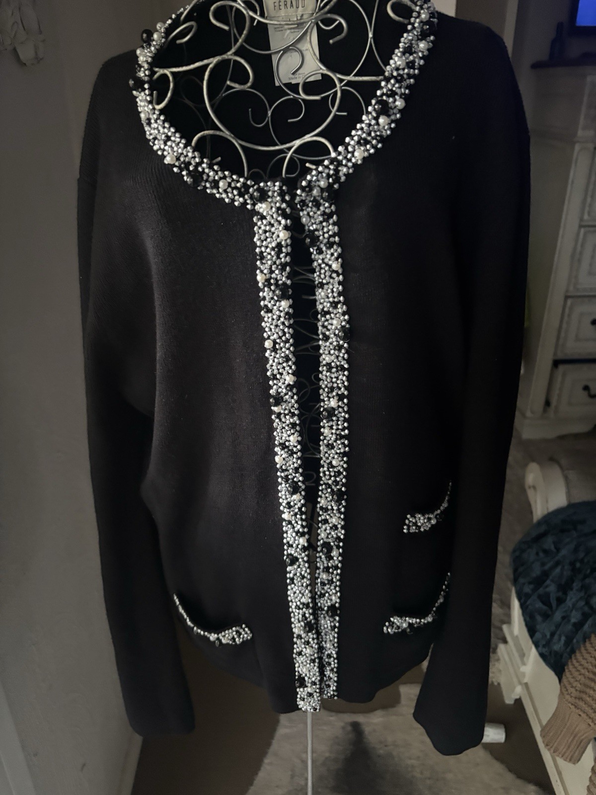 LOUIS FERAUD Silk & Cashmere Black Classic Pearl Beaded Cardigan L