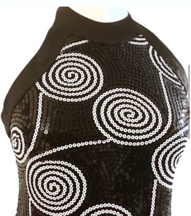 Vintage Late 1990’s Black & White Sequin Halter Dress by Cache, Prom Dress, 2