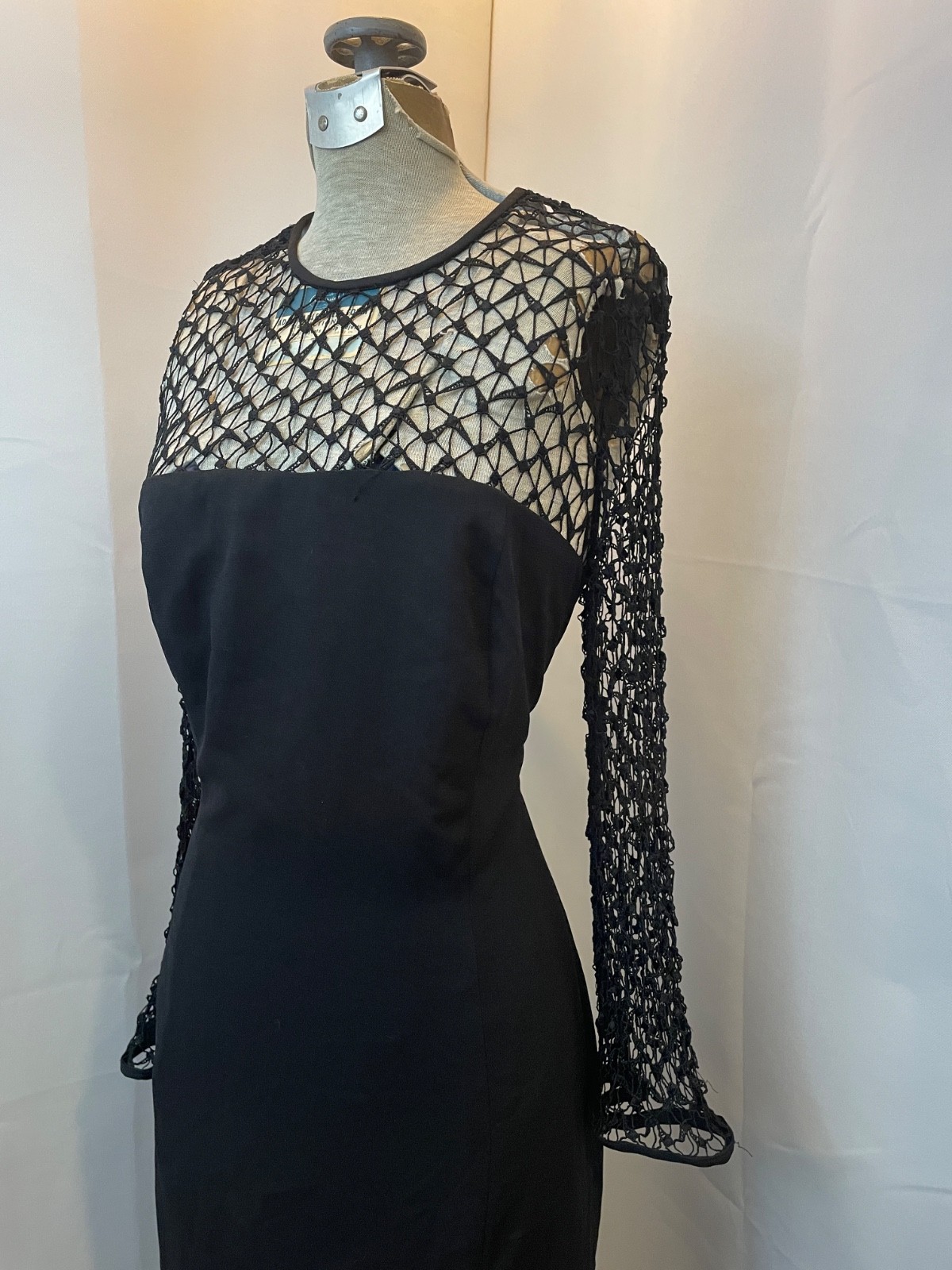 Black Sheer Mesh Lace Dress 1990s Vintage Minimalist Eveningwear M