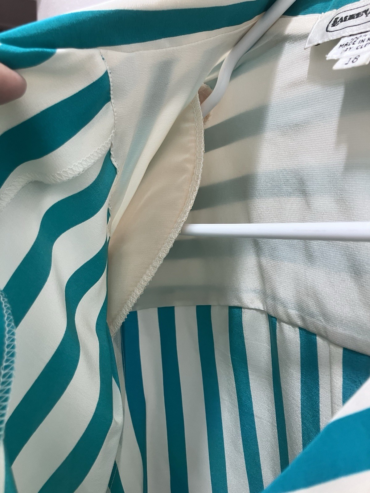 VTG 100% Silk Lauren Alexandra Striped Button-Down Shirt Women’s 18 Aqua & White