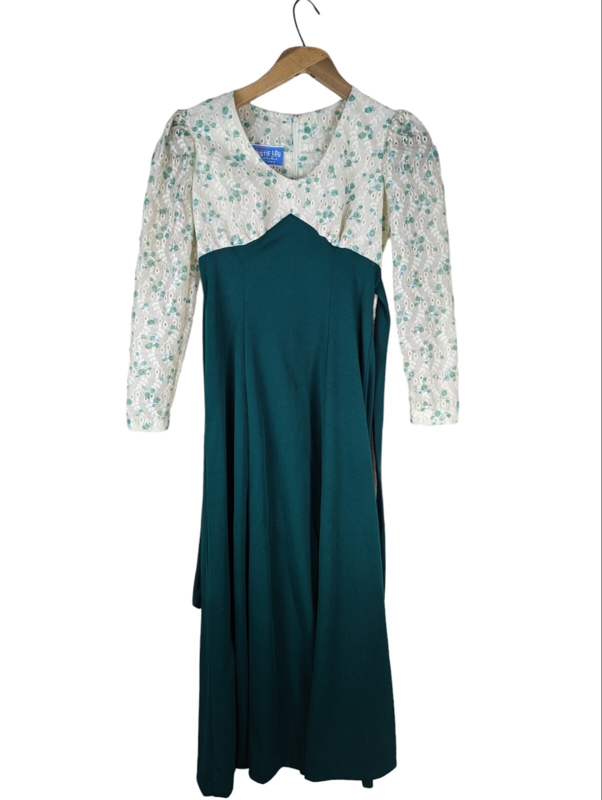 Vtg Kristie Lou California Juniors Cottage Prairie Dress Green Floral 70s Tie