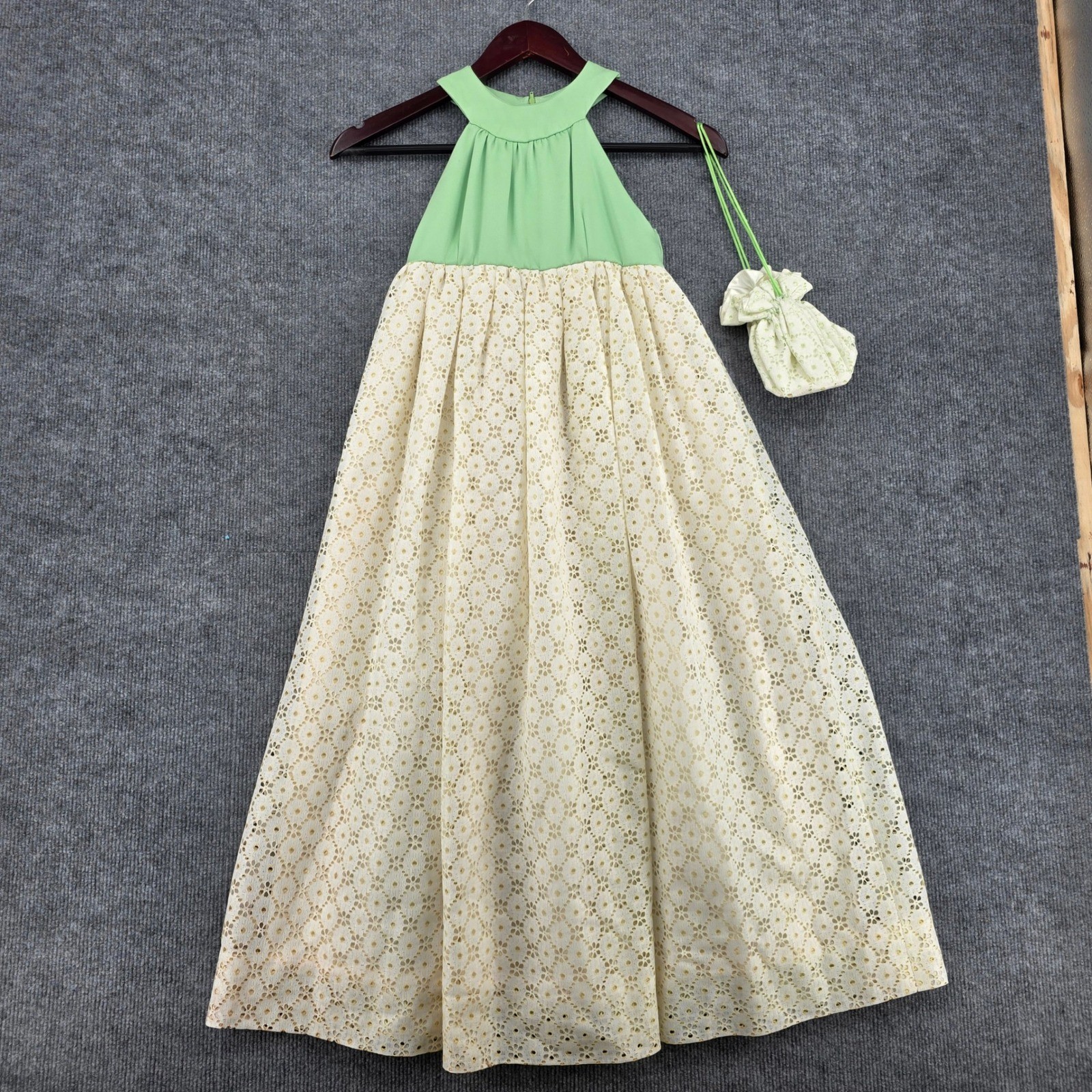 Vintage Mint Green and Cream Eyelet Lace Halter Maxi Dress with Matching Bag