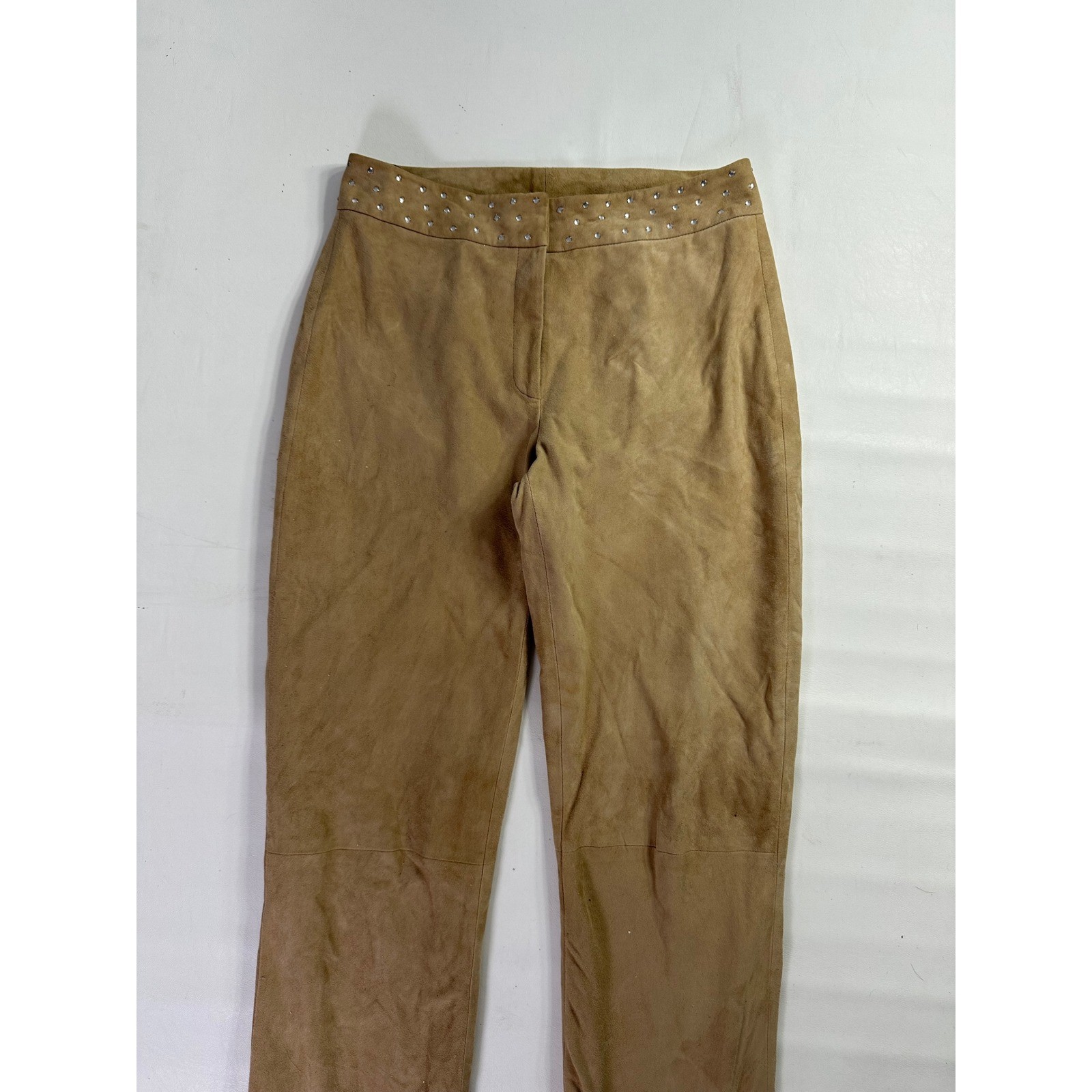 Cache Vintage Tan 100% Goat Suede Studded Rhinestone Straight Leg Pants Size 2