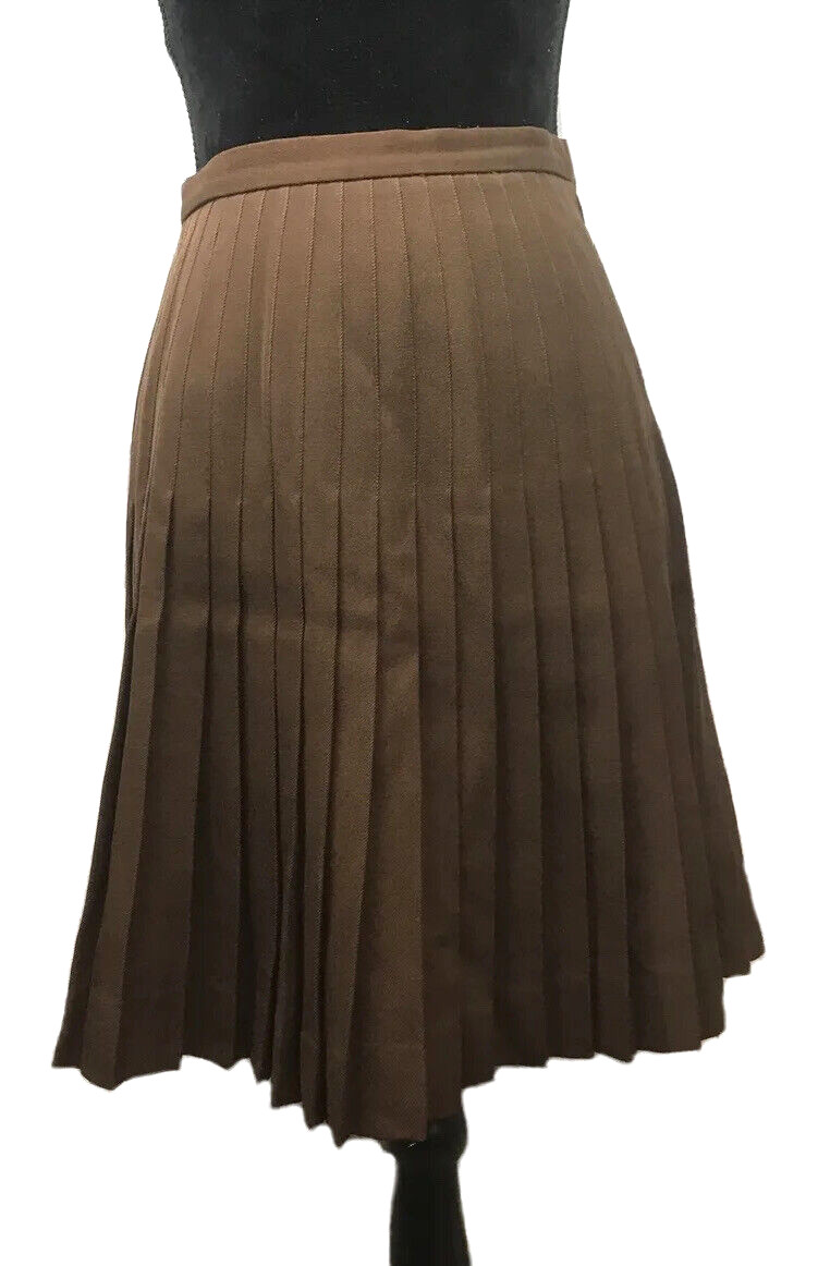 Vtg Gaston Jaunet Pleated Wool Skirt Brown Side Zip Knee Length Sz Jr 9 France