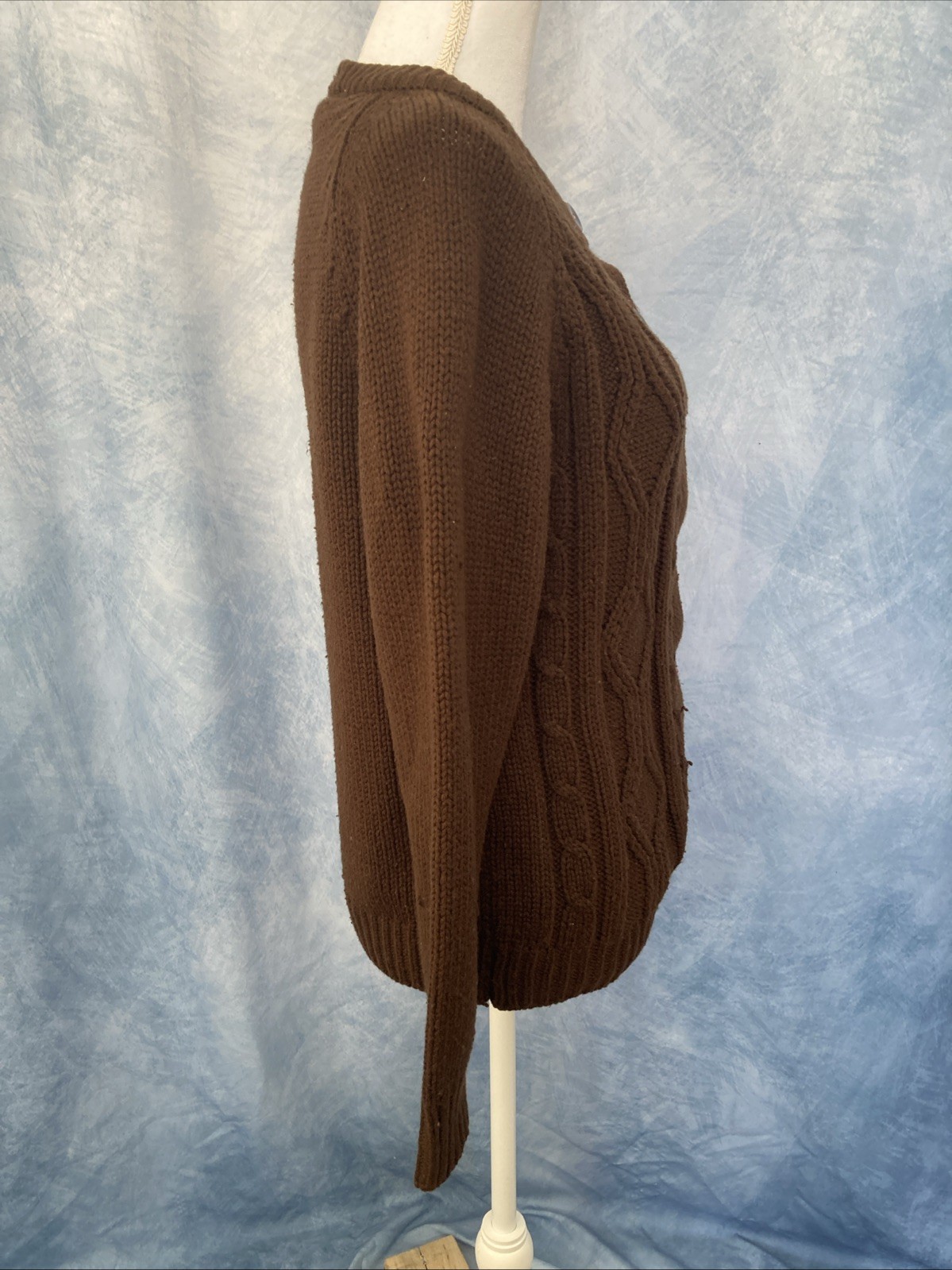 Vintage 1970s Women’s Brown Knit Cabled Acrylic Button Down Cardigan House Coat