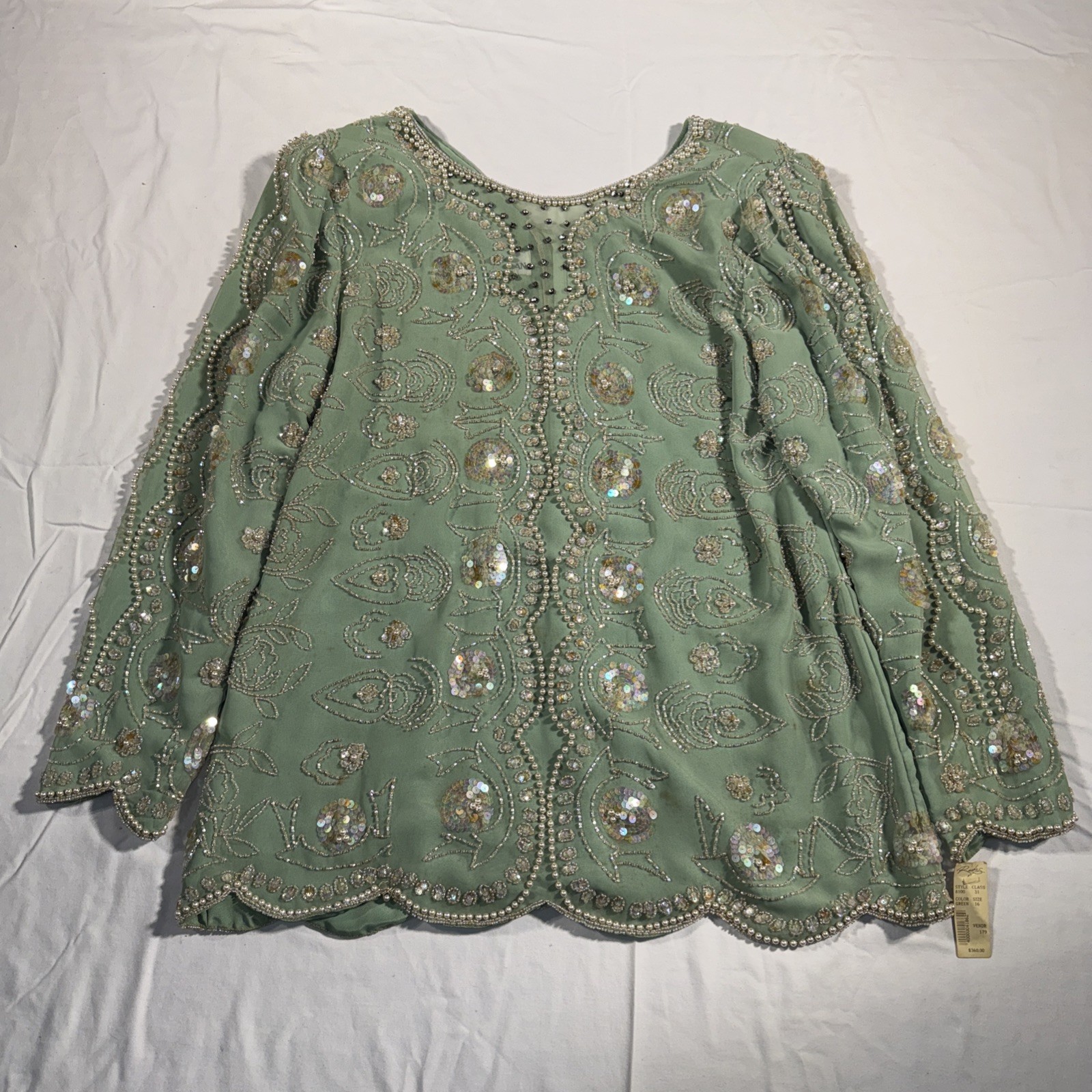 Vintage Jack Bryan Sequins & Pearls Green Blouse 16 Talon Zip NWT Deadstock $360