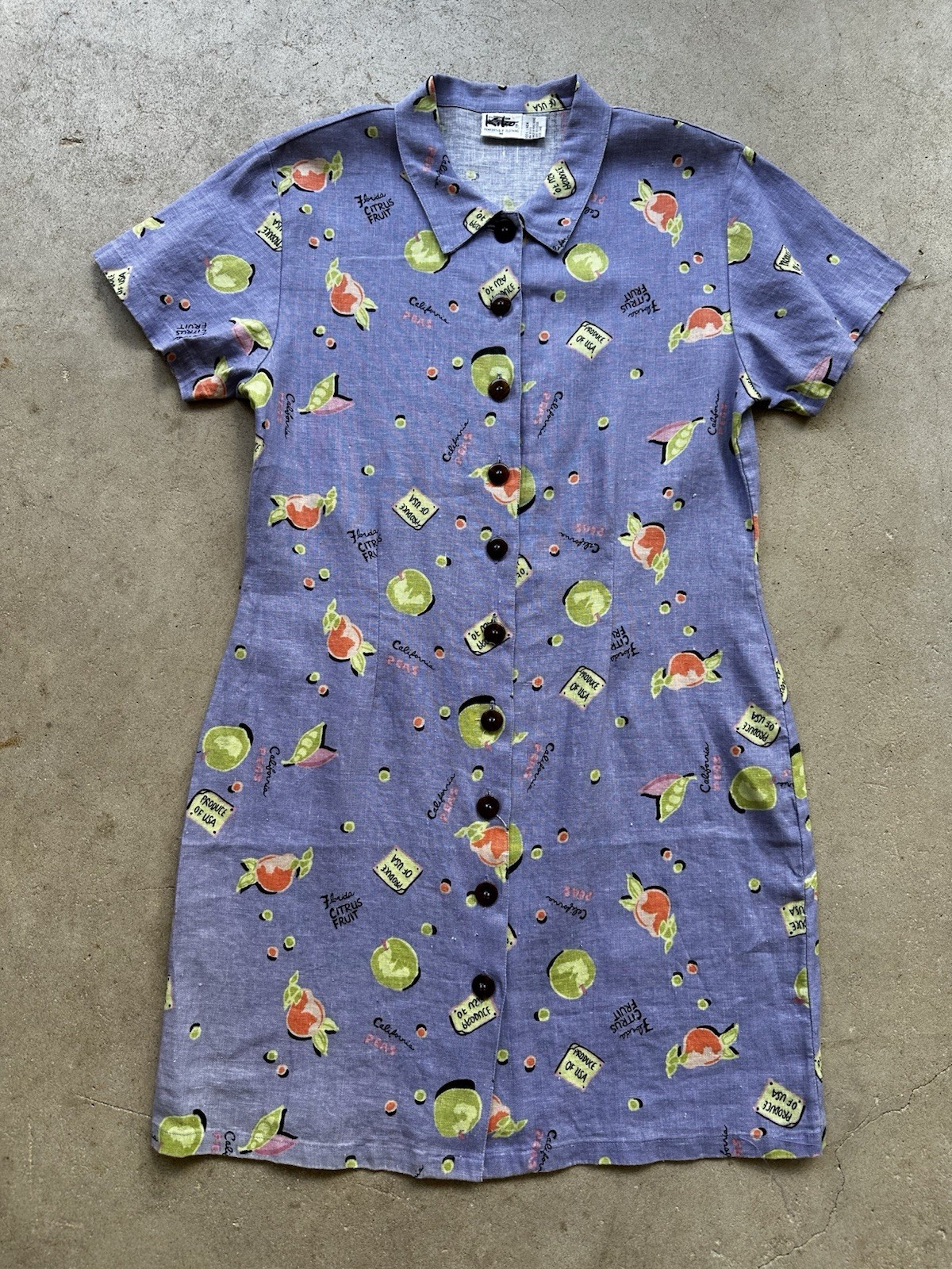 Vintage 90s Linen Novelty Citrus Fruit Shirt Dress Purple Button Front Kiko S M