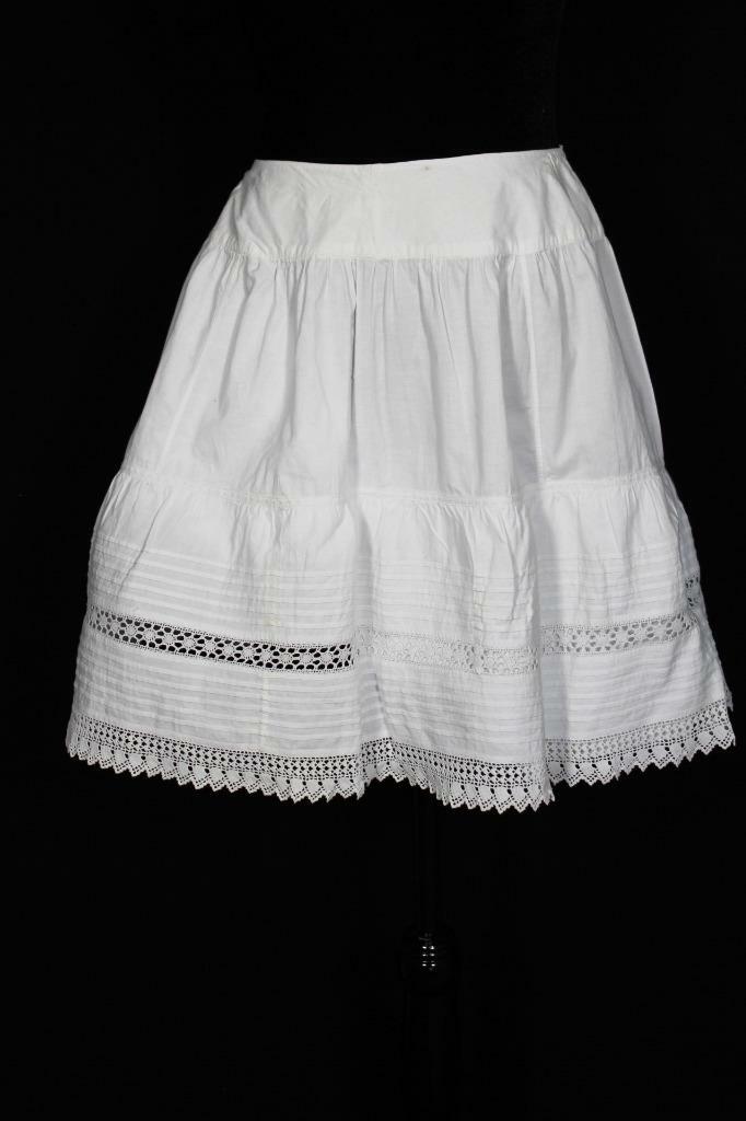 ANTIQUE FRENCH EDWARDIAN-1920’S WHITE COTTON PETTICOAT SKIRT 30″ WAIST 19″L