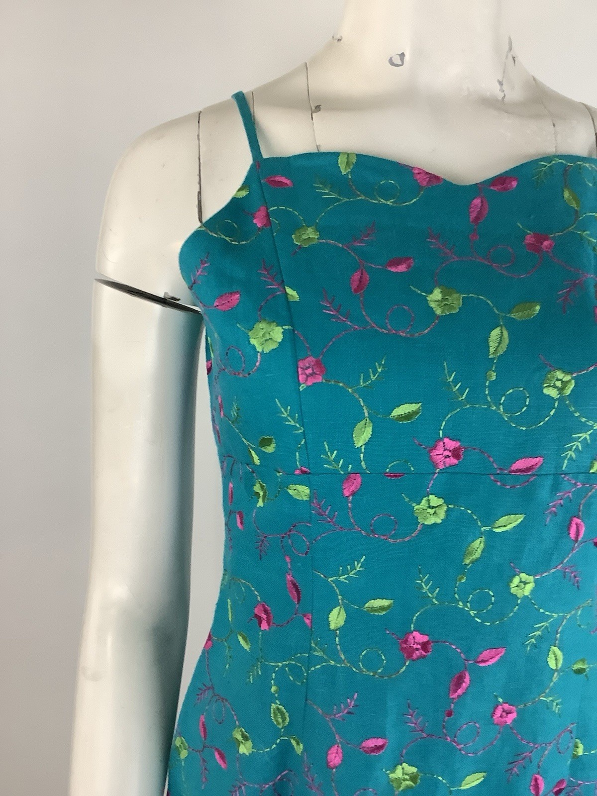 Vintage Y2K Althuser Sz 6 Canvas Floral Embroidered Slip Dress Aqua Green BH
