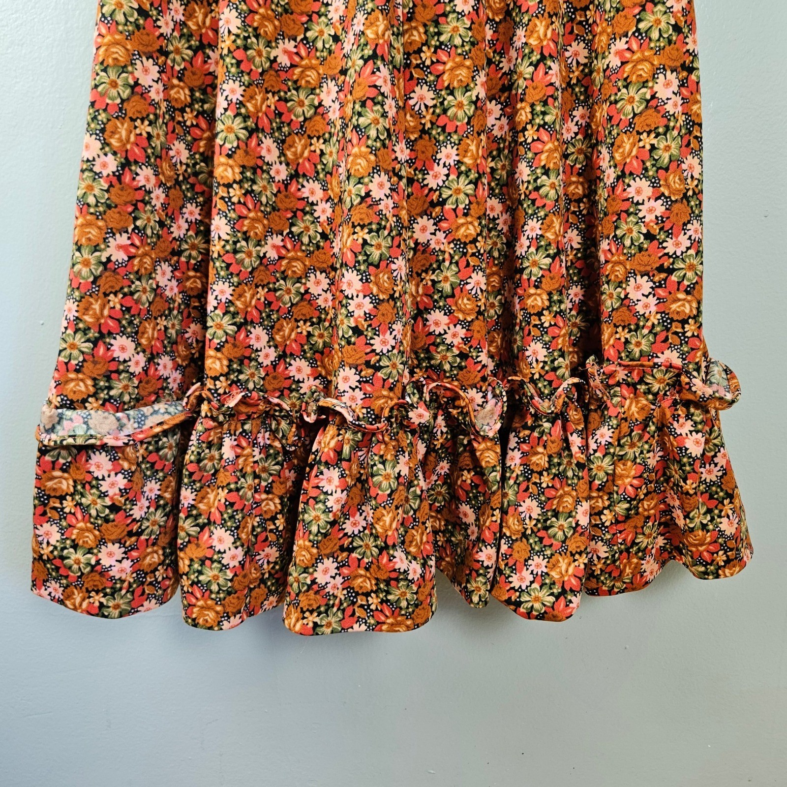 Vintage Floral Polyester Off The Shoulder Fit & Flare Dress Sz S? XS? Rust Brown