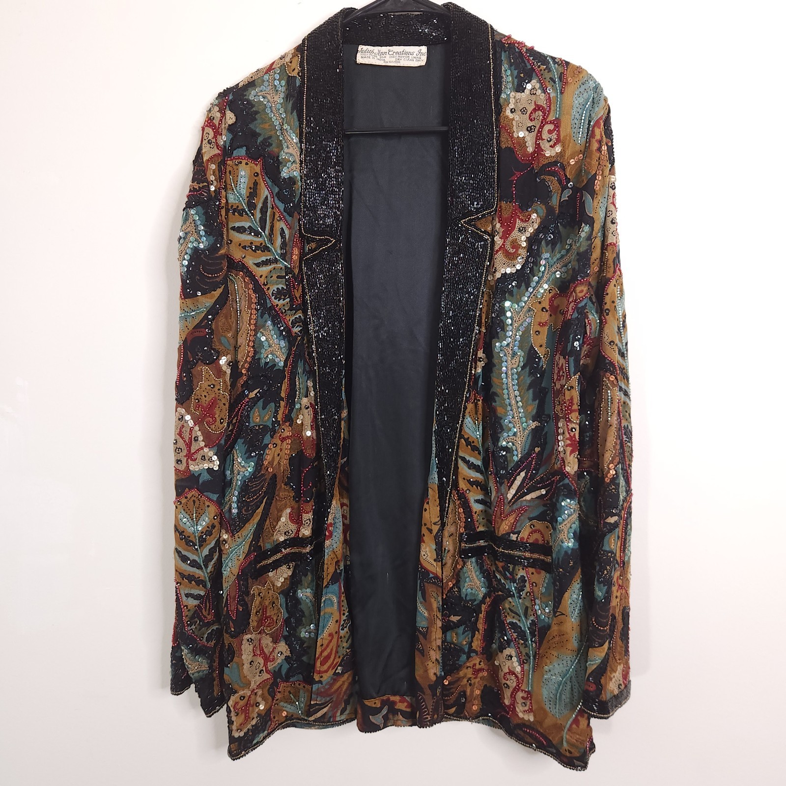 Vintage Judith Ann Creations Sequin Beaded Silk Jacket Floral Leaf Design