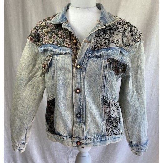 Vintage JouJou Patchwork Denim Jacket Floral Tapestry Grunge Boho L