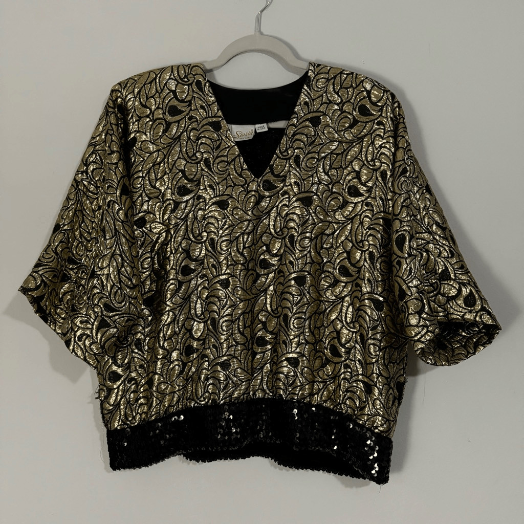 Siasia Vintage 80s Gold Metallic Black Sequin Rayon Made in USA Glam Top M