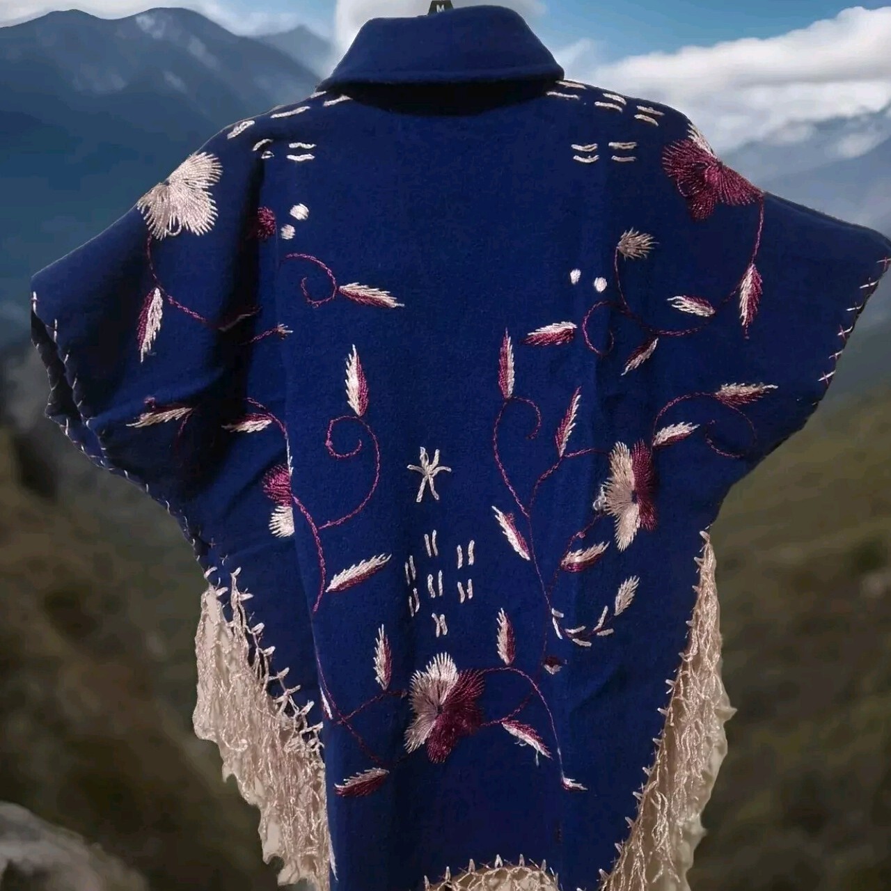 Indigo Floral Fringe Poncho Medium Vintage