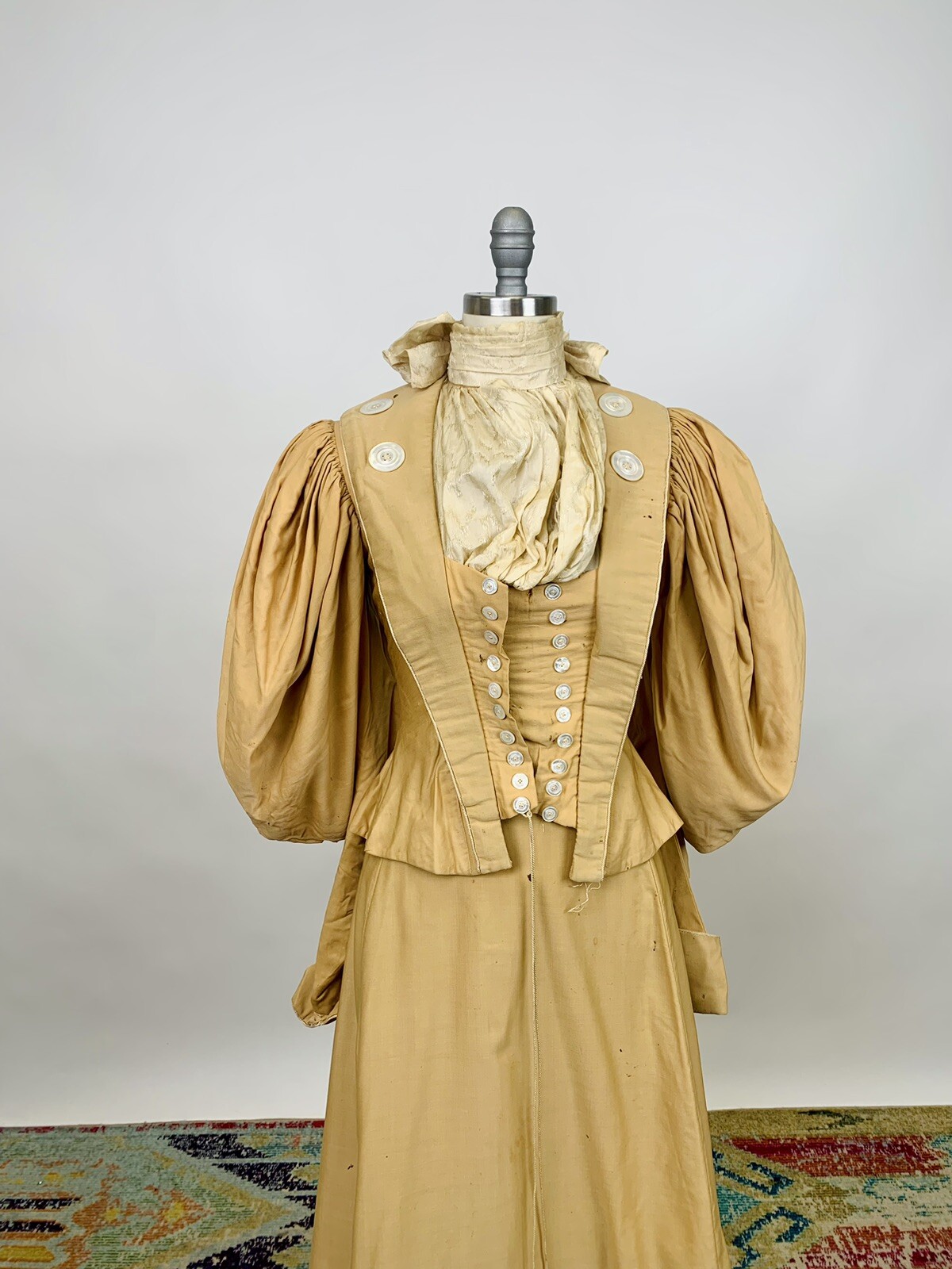 Antique Victorian 1890s Bodice & Skirt Set Tan Silk Leg of Mutton Sleeve AS IS
