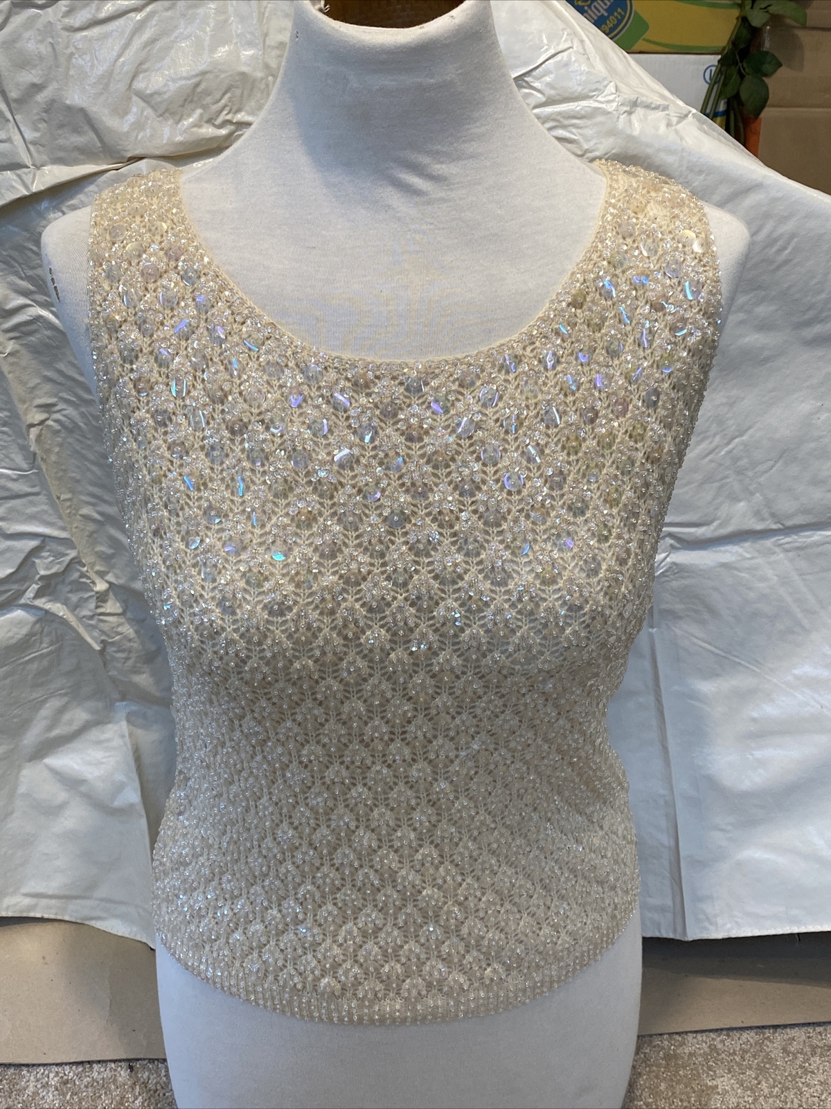 Elegant Holiday Vintage Gimbels 38″ sleeveless beaded sequin lined 100% Wool