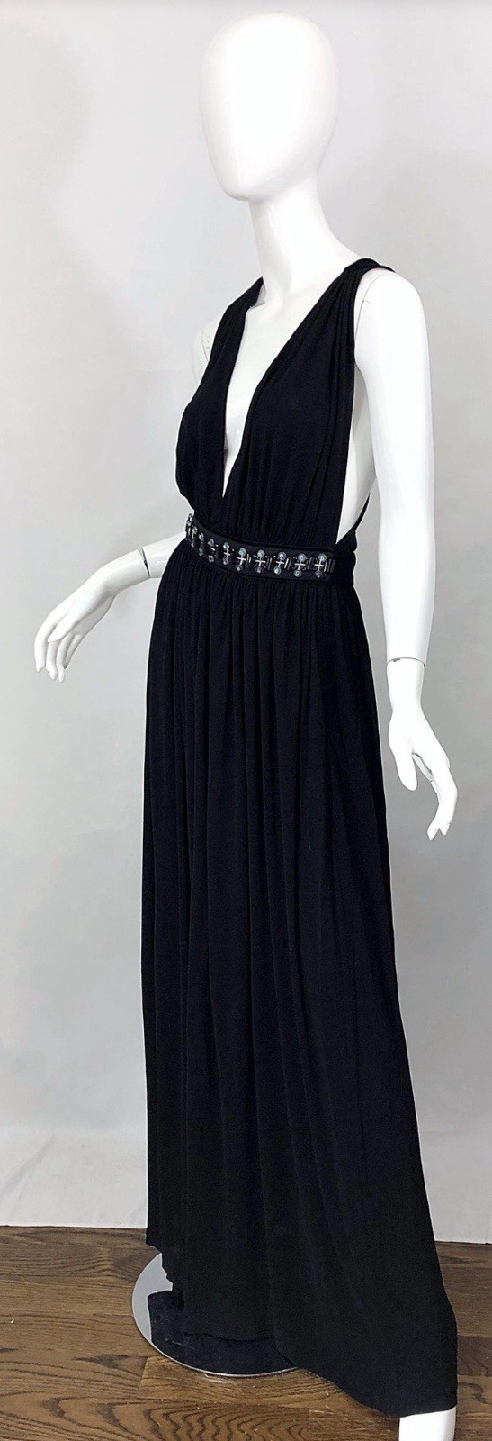 1990s Dolce & Gabbana D&G Black Plunging Sexy Beaded Sleeveless Vintage 90s Gown