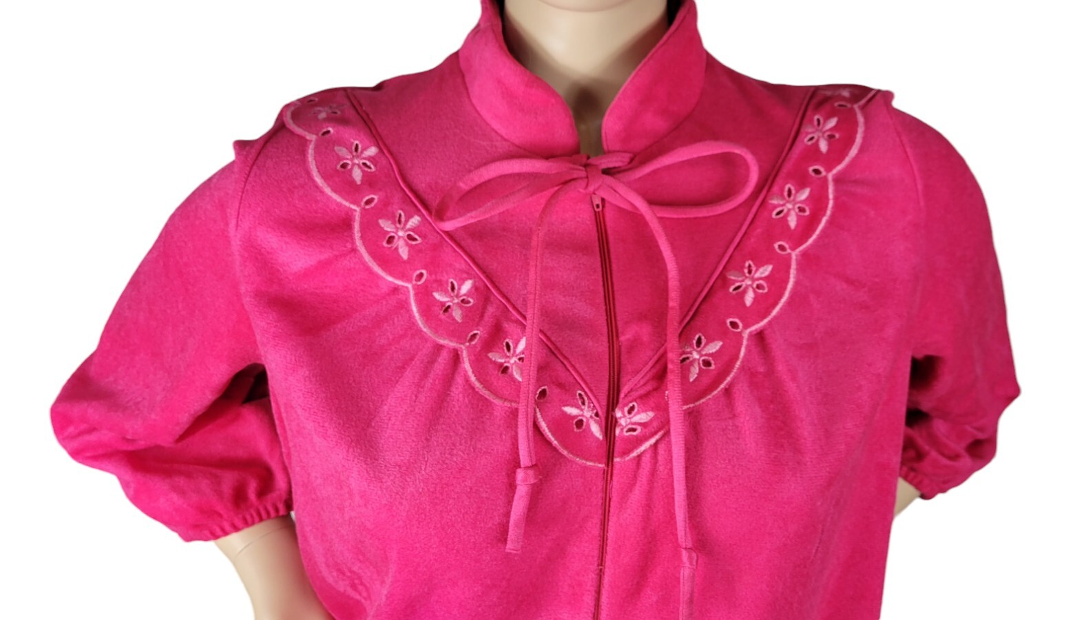 Vintage Plaza 9 Madison Avenue Hot Pink 3/4 Zip Robe House Coat Collar Bow Sz L
