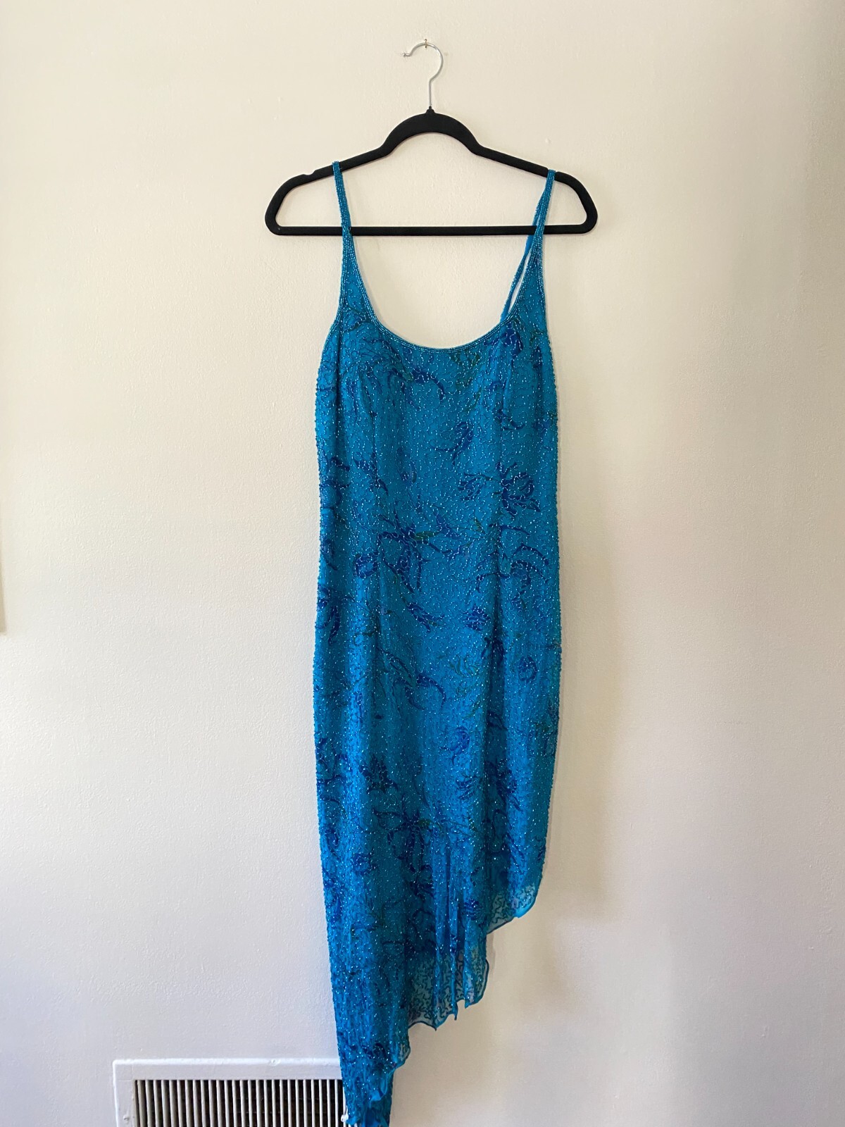 VTG y2k Blue Floral Beaded Andretta Donatello Asymmetrical Fairy Prom Dress L