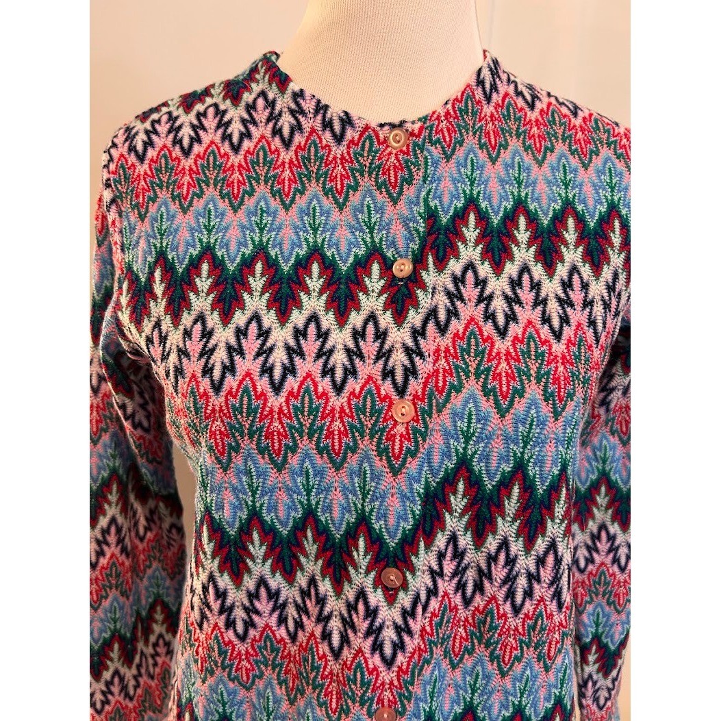 Miss Holly Vtg 70’s Chevron Zigzag Knit Cardigan Sweater Multi Color Womens M