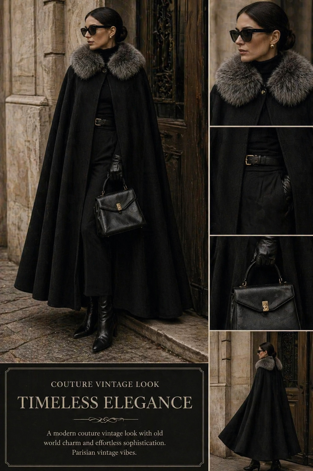 ✨ Vintage Couture Cape 60s Black Wool Cape Real Fur Collar Old Money XL