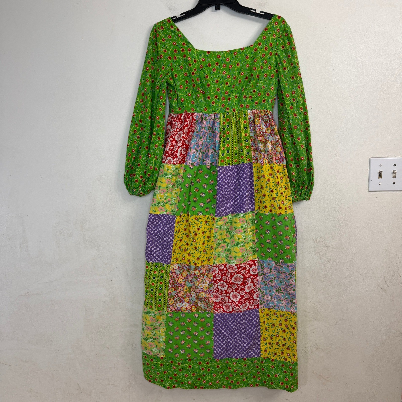 Vtg Mountain Artisans Patchwork Maxi Hippie Dress Floral Boho Green Pink Size 8