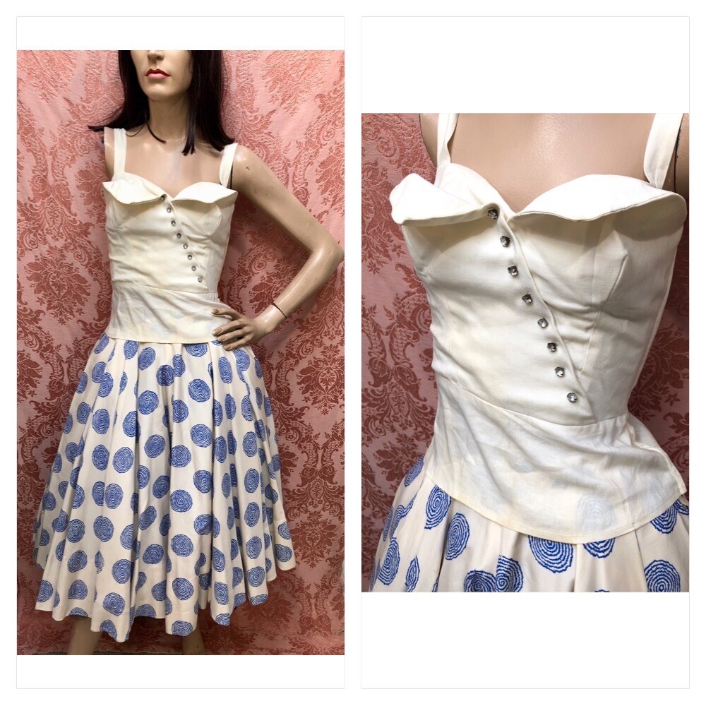 VTG 1950s SUMMERTIME Sock Hop *SILK DUPIONI Atomic Print CIRCLE SKIRT & BUSTIER