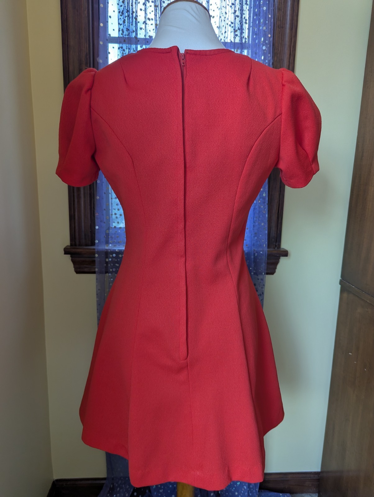 Vintage 70’s Lace Up Polyester Puff Sleeve Babydoll Mini Red Dress Size Small