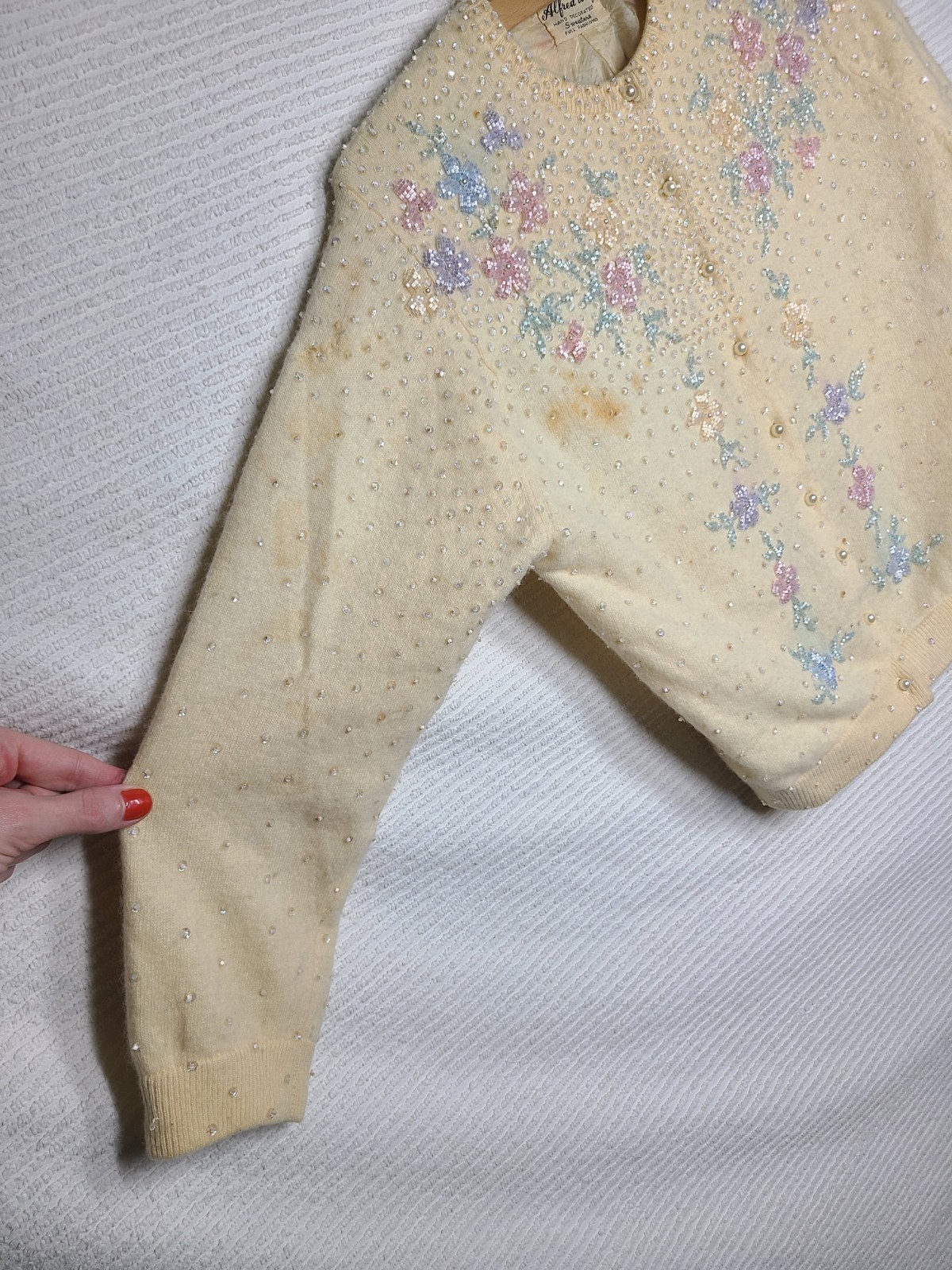 1950s Beaded Cashmere Cardigan Silk Lined Cut Glass Alfred Wong Small Vintage