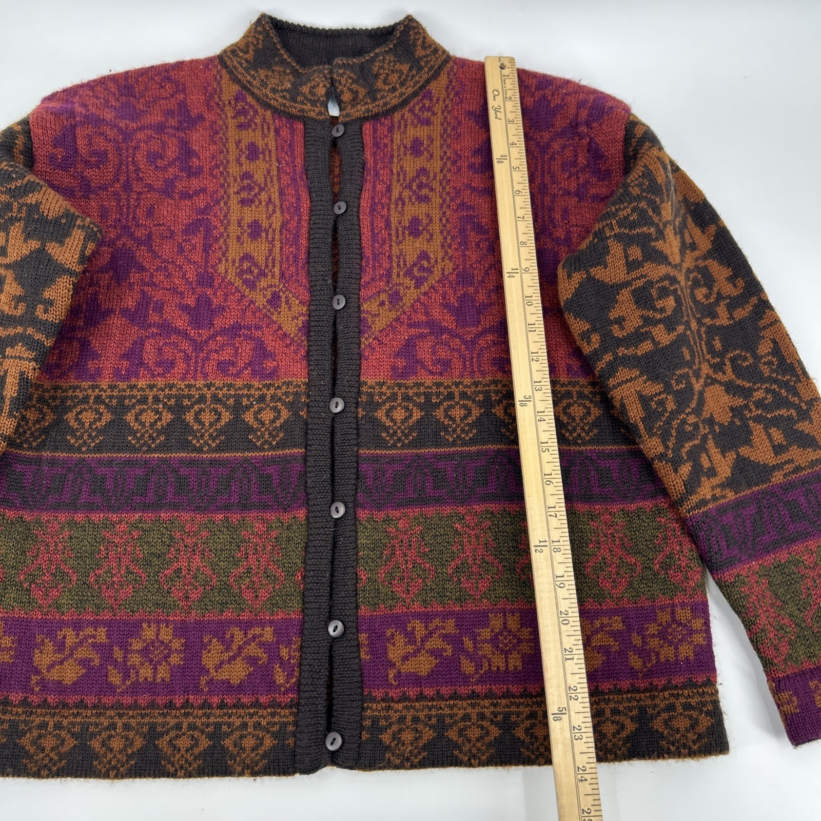 Vintage 80s Wool Cardigan Womens Size L Hong Kong Fair Isle Nordic Floral Jacket
