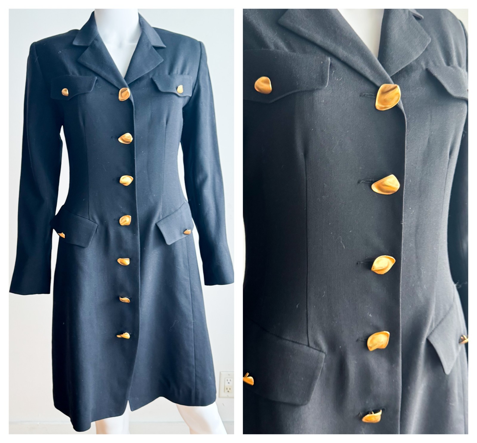 Vintage Holt Renfrew Pure New Wool Black Gold Button Office Dress 4