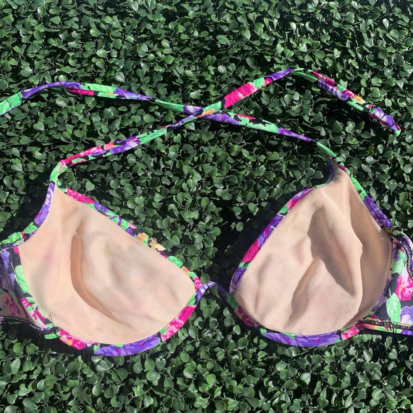 Vintage 80s SUNSETS colorful floral shelf-wire bikini top swim beach tropical