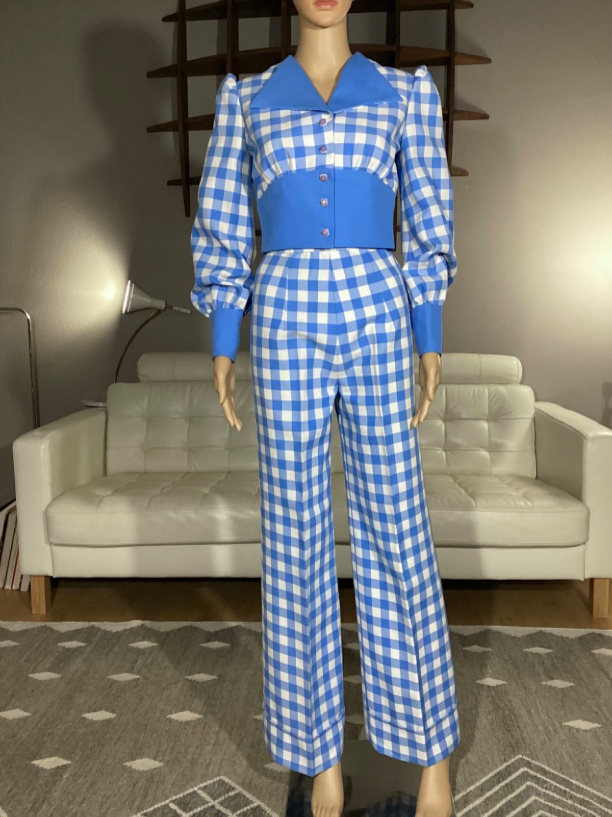 Vintage 1970’s Blue & White Check Cropped Button Up Top & Wide Leg Pants Set