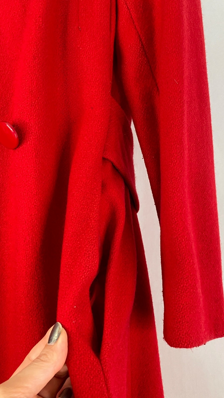 Vintage 1970s red wool trench coat jacket XS S long collar pea pockets JILL JR