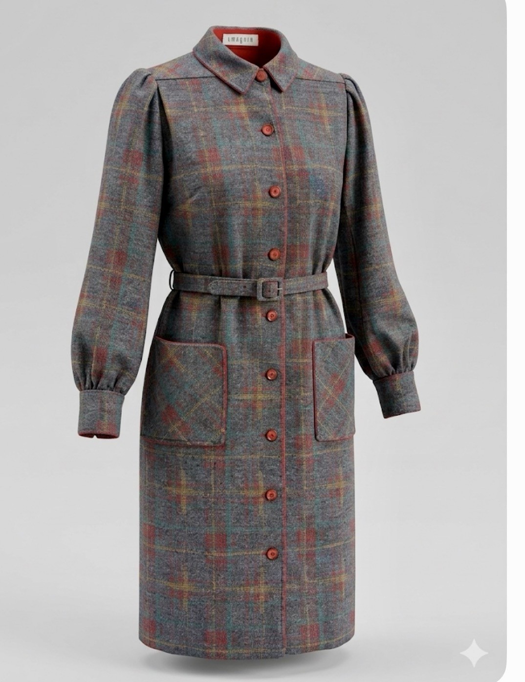 Vintage I. Magnin Grey Plaid Wool Blend Belted Coat Dress