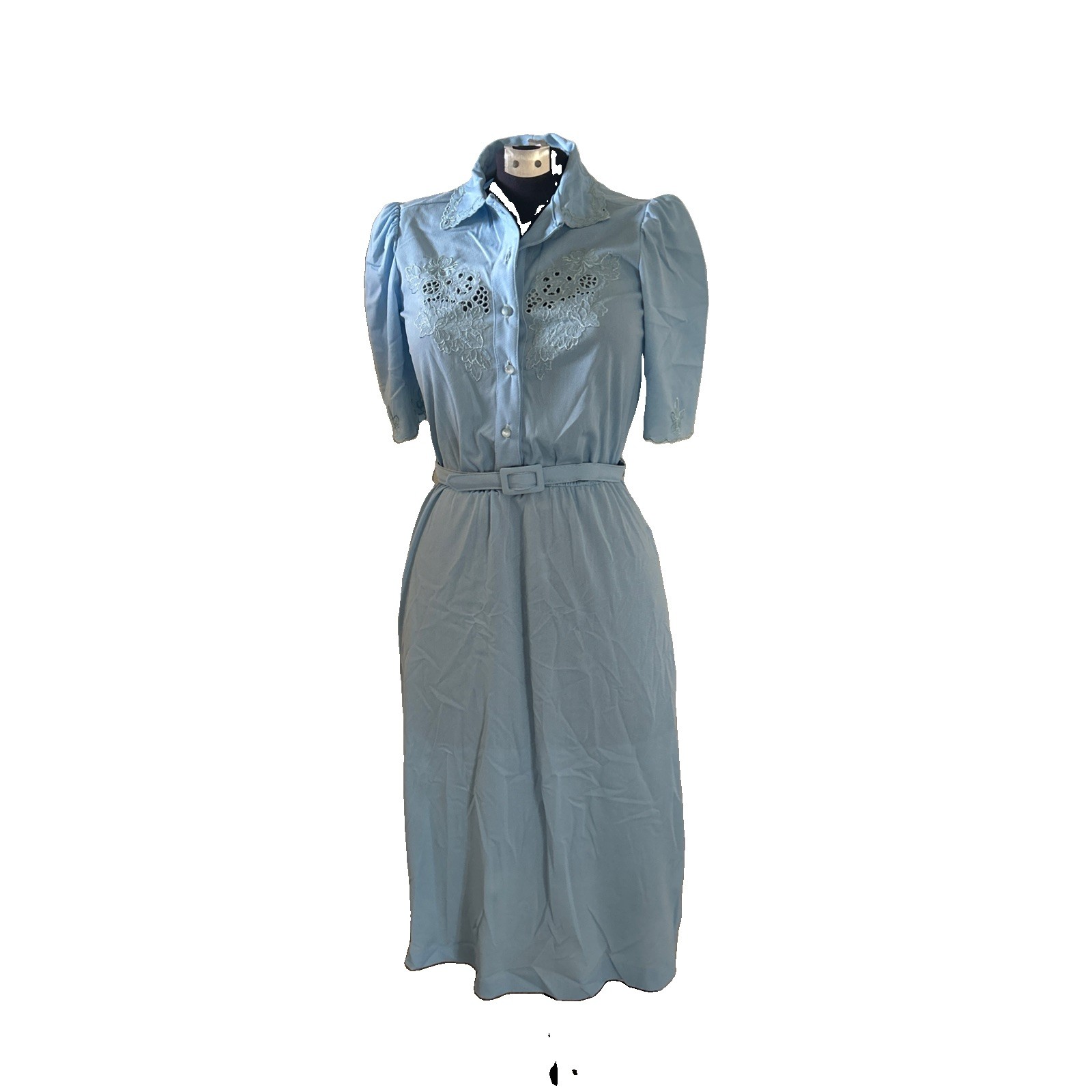 Vintage 1970’s Blue Rayon Blend Dress Eyelet Accents Vtg. Size 5