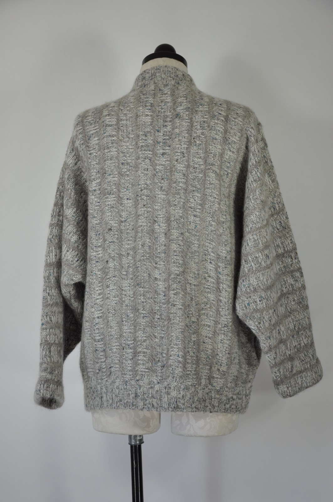 80s Vintage Gray Fuzzy Wool Mohair Buttoned Cardigan Sweater Jacket Women L XL