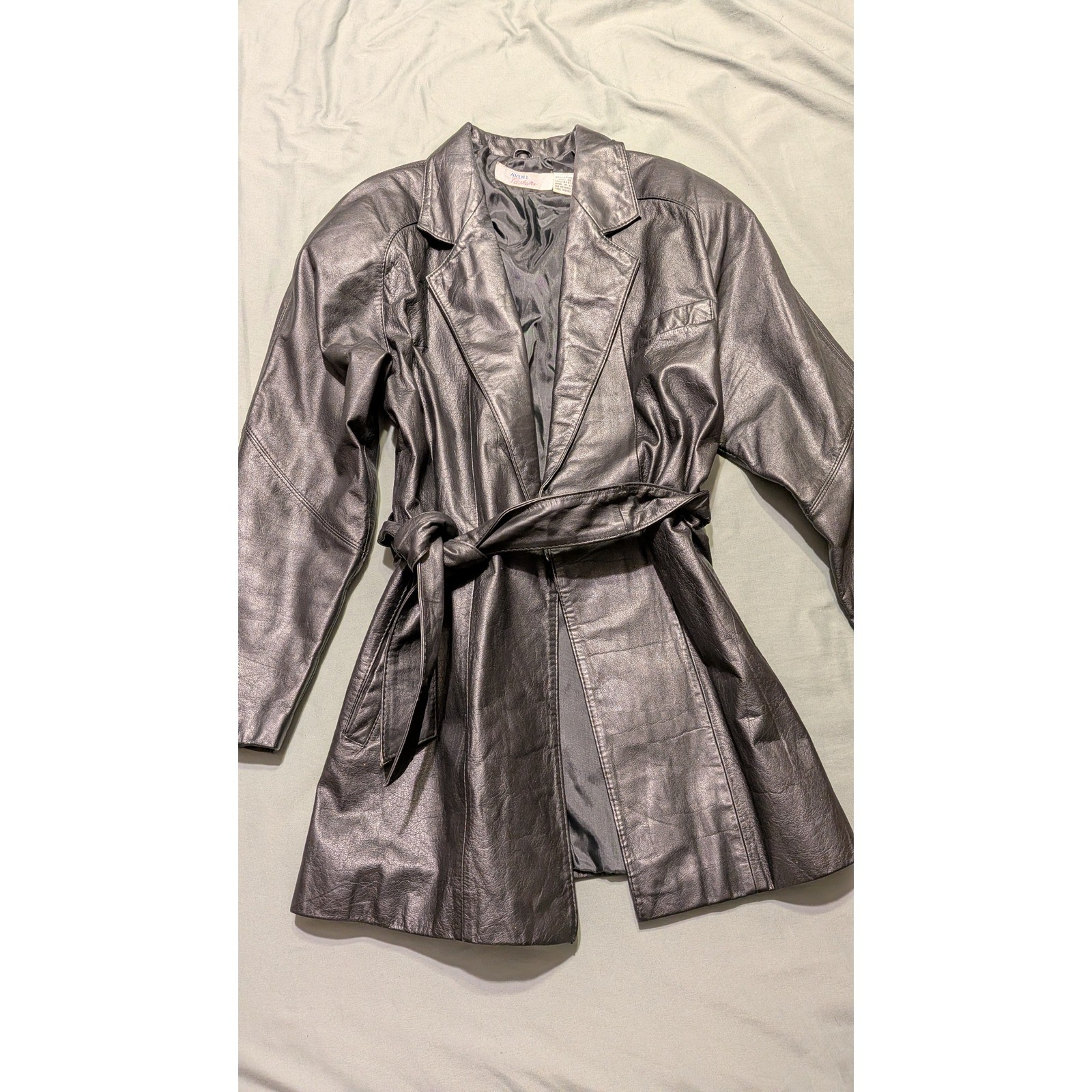 Avon Fashions Black Leather Trench Coat Vintage Belted Jacket F5133X Womens SM