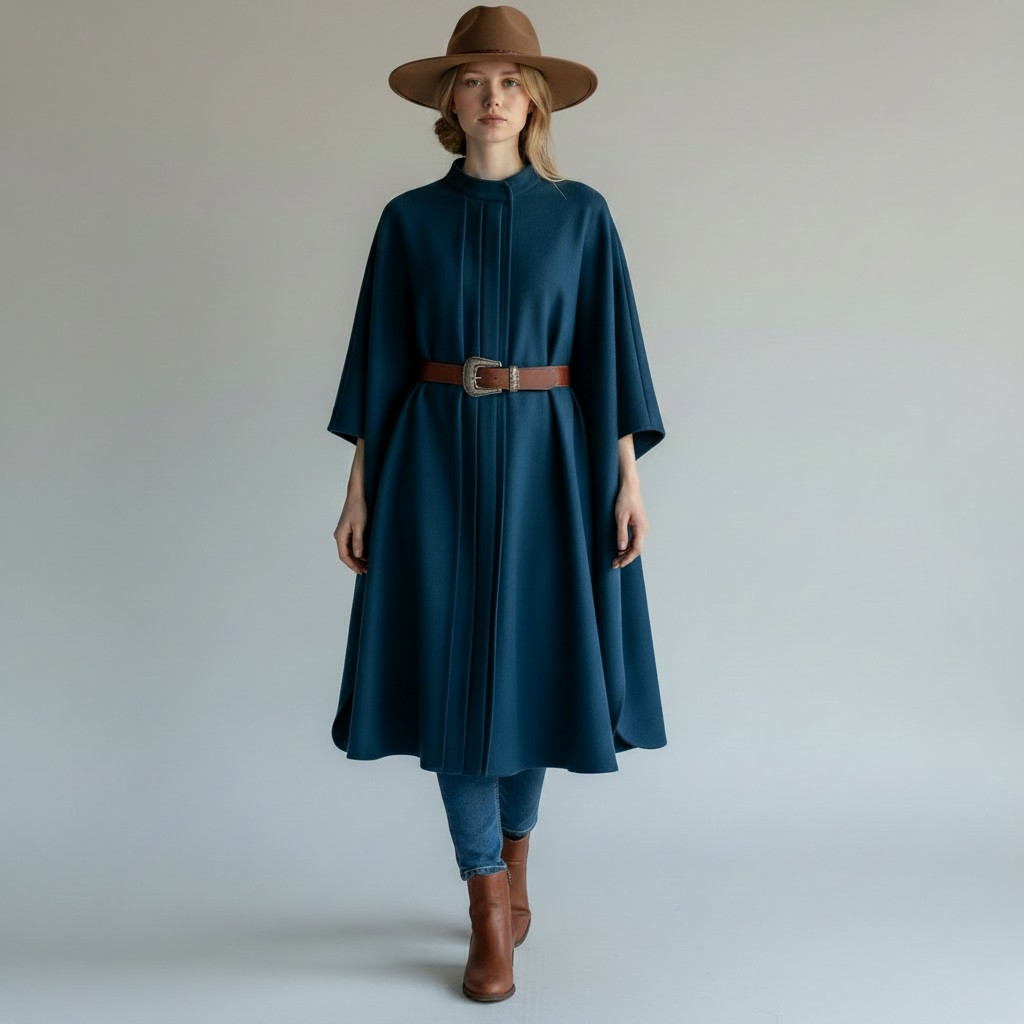 Vintage Teal Blue Wool Cape Blanket Coat Pleated Poncho Shawl One Size