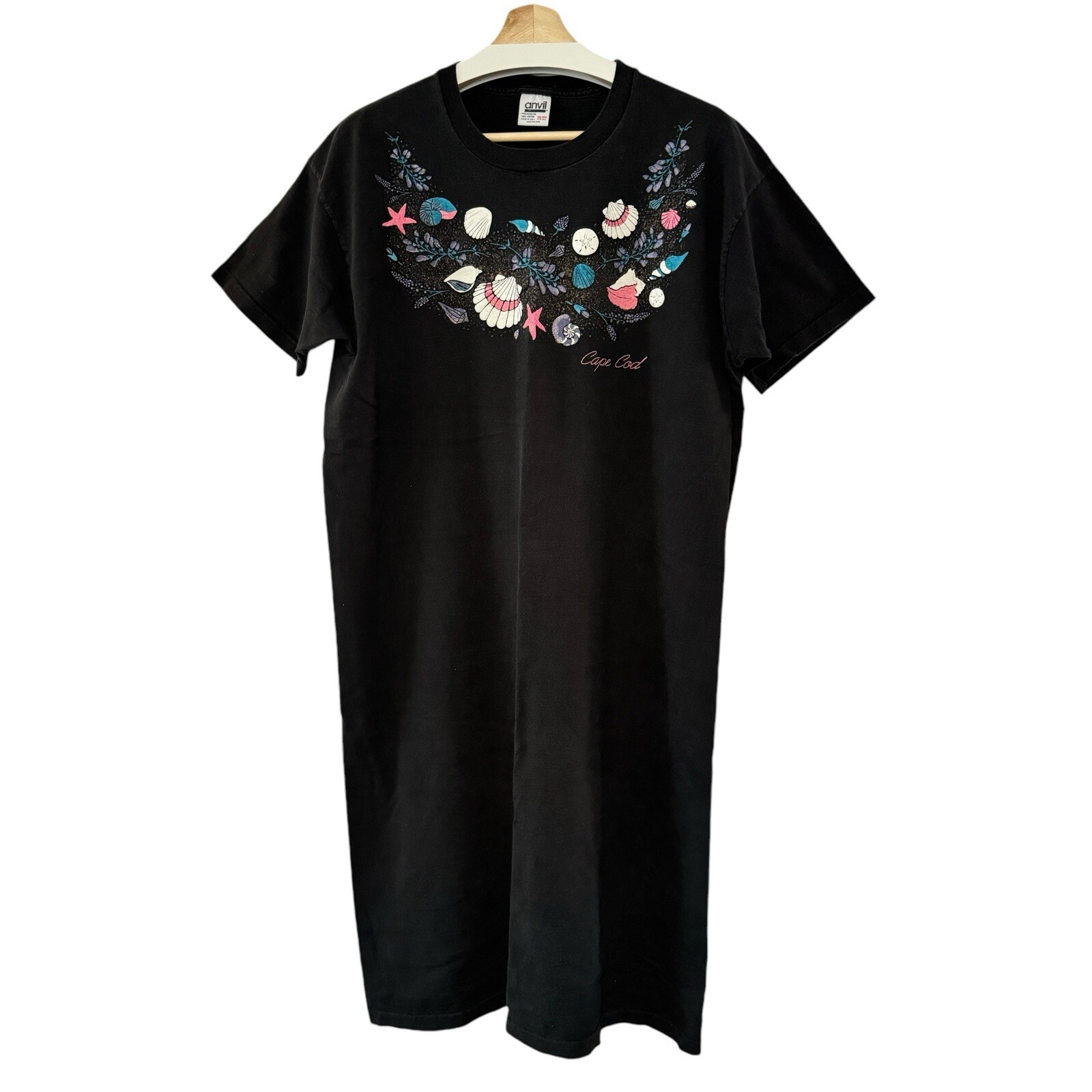 VTG Cape Cod Summer Shells Black T-shirt Dress Beach Sleepwear Tee OS Nautical