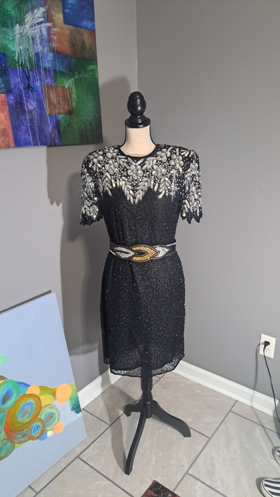 Vintage Beaded 1980’s Carina 100% Silk Black Party/Evening Gown