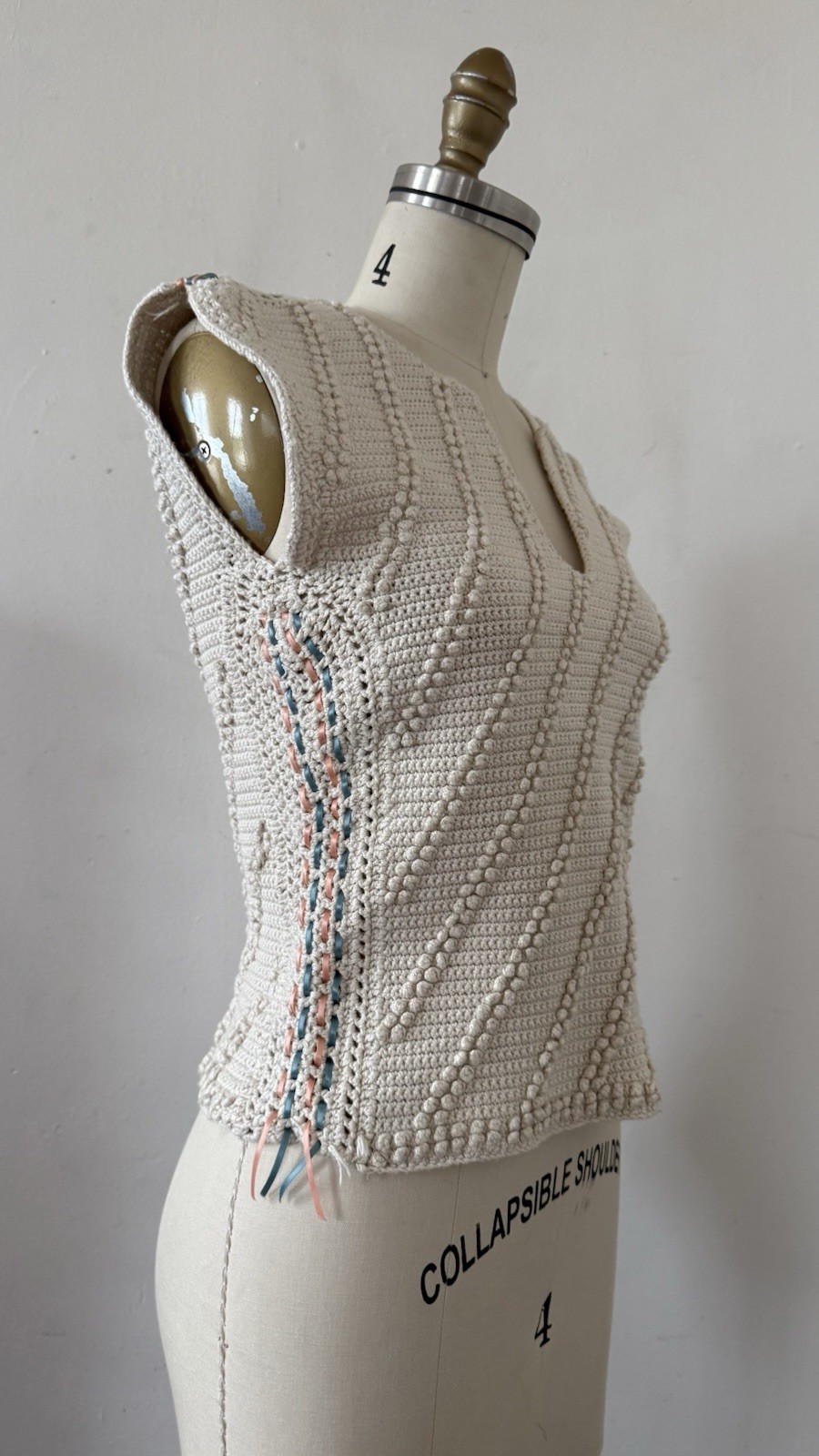 Antique/Vintage Art Deco Popcorn Rayon Hand Crocheted Knit Ribbon Trim Top XS