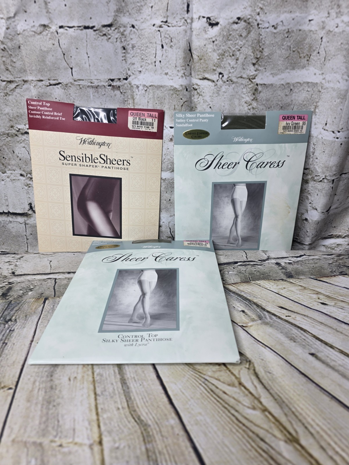 3 Vtg Worthington Sheer Caress Queen Tall Green Blk Control Top Silk Pantyhose