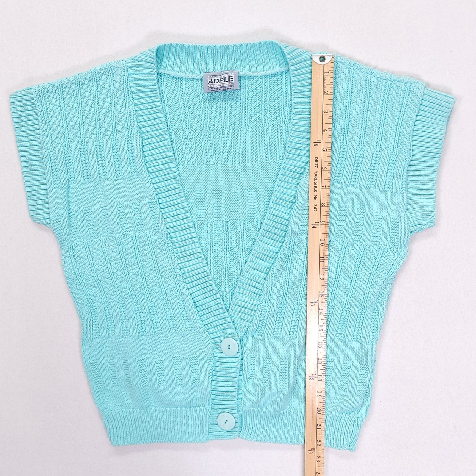 Vintage Adele Knitwear Turquoise Aqua Blue Cotton Button Front Sweater Vest USA