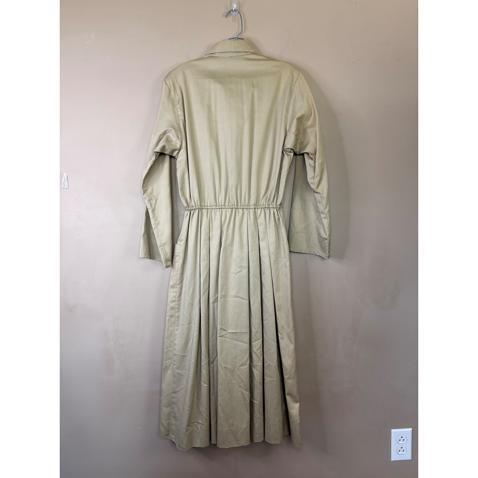 Vintage Jim Heilman Khaki Tan Pleated Shirt Dress Long Sleeve Midi Pockets Sz 10
