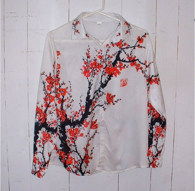Vtg Asian 70s Shirt Blouse Bold Graphic Cherry Plum Flower Tree Print Silky 2XL